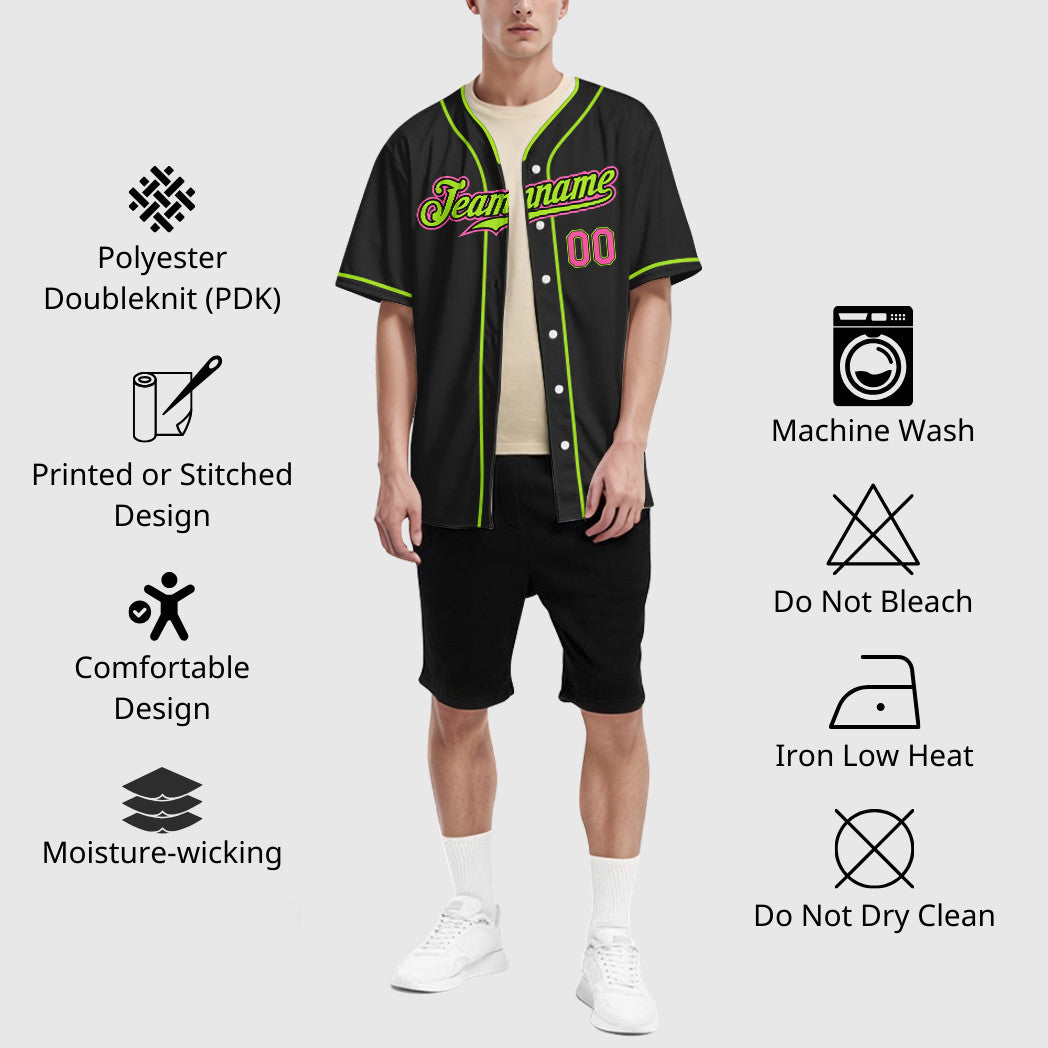 Custom Black Pink Green-Neon Piping Baseball Jersey
