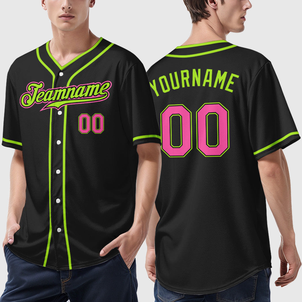 Custom Black Pink Green-Neon Piping Baseball Jersey