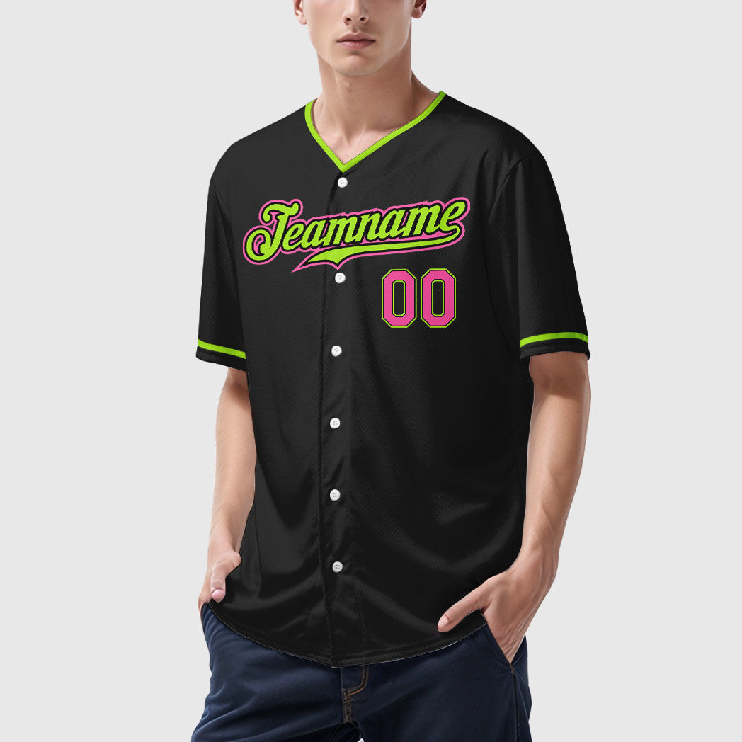 Custom Black Pink Green-Neon Collar Sleeve Baseball Jersey