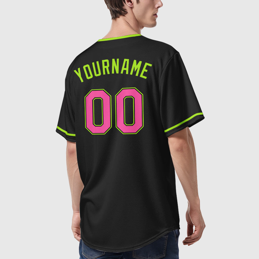 Custom Black Pink Green-Neon Collar Sleeve Baseball Jersey