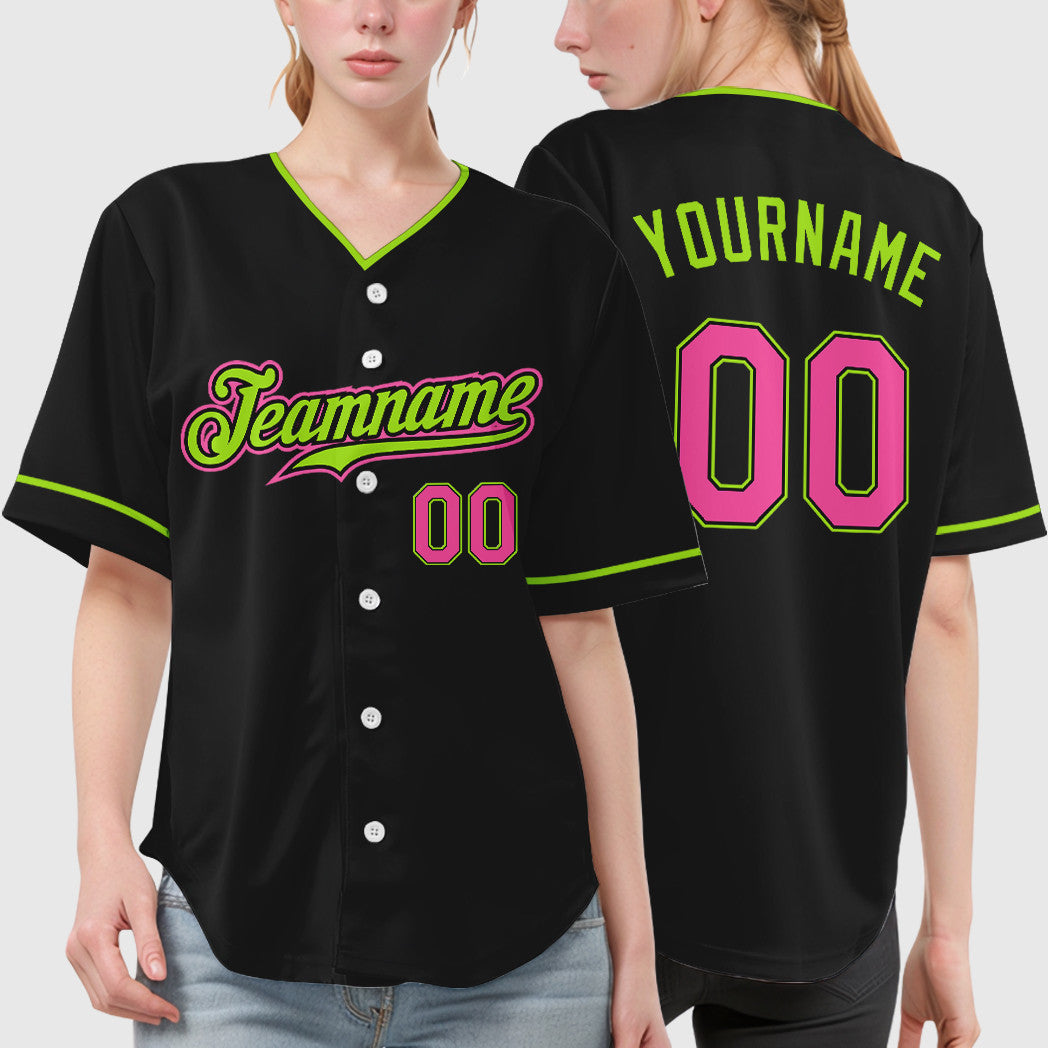 Custom Black Pink Green-Neon Collar Sleeve Baseball Jersey