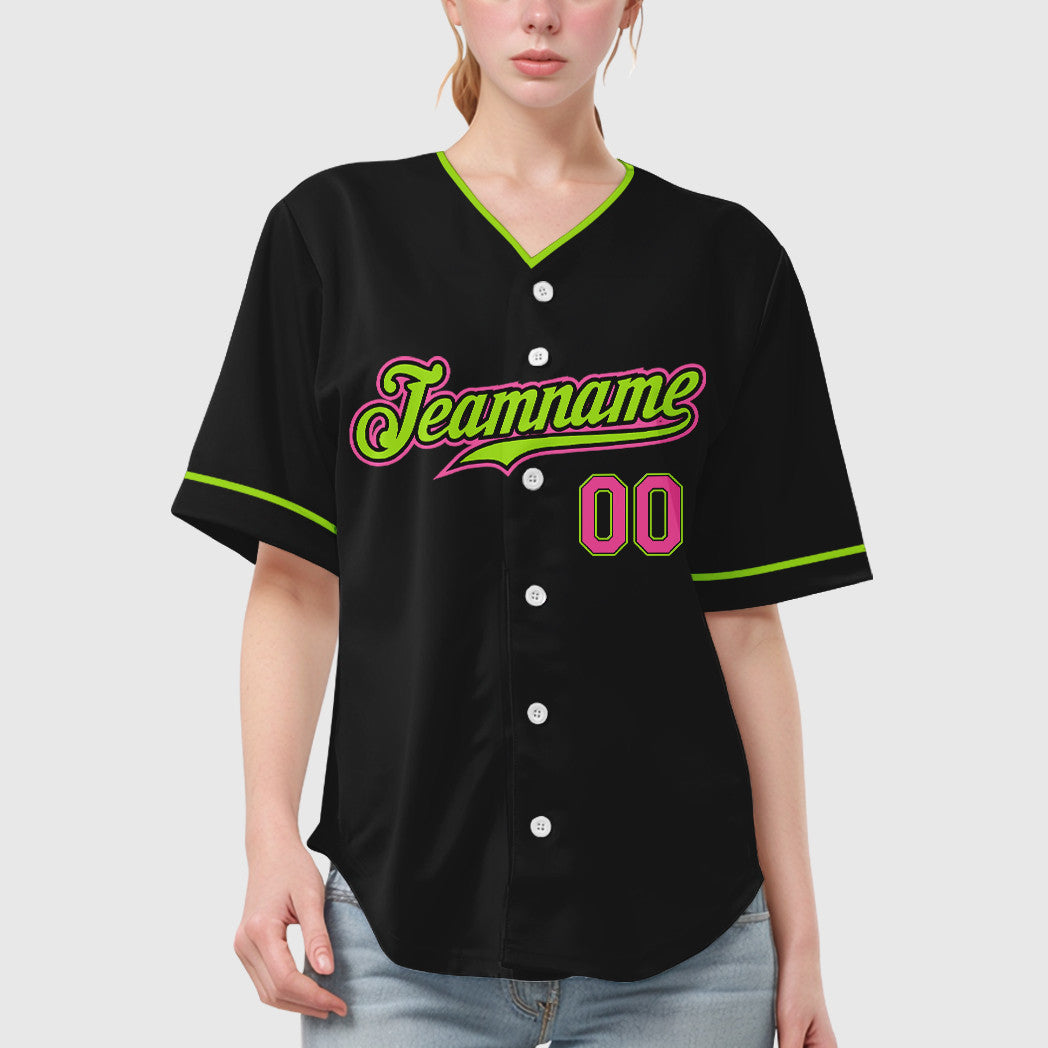 Custom Black Pink Green-Neon Collar Sleeve Baseball Jersey