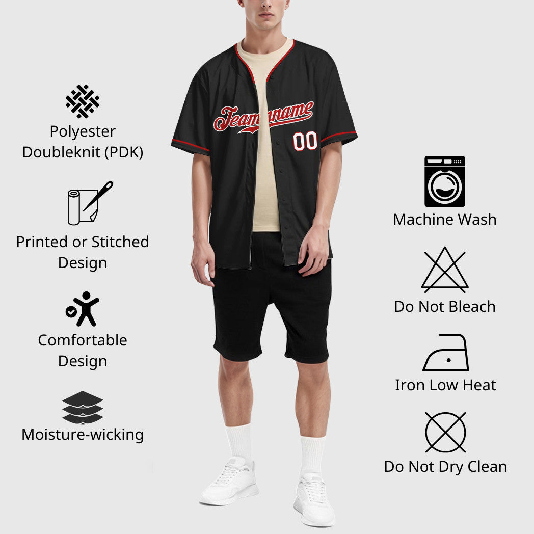 Custom Black Red-White Collar Sleeve Baseball Jersey