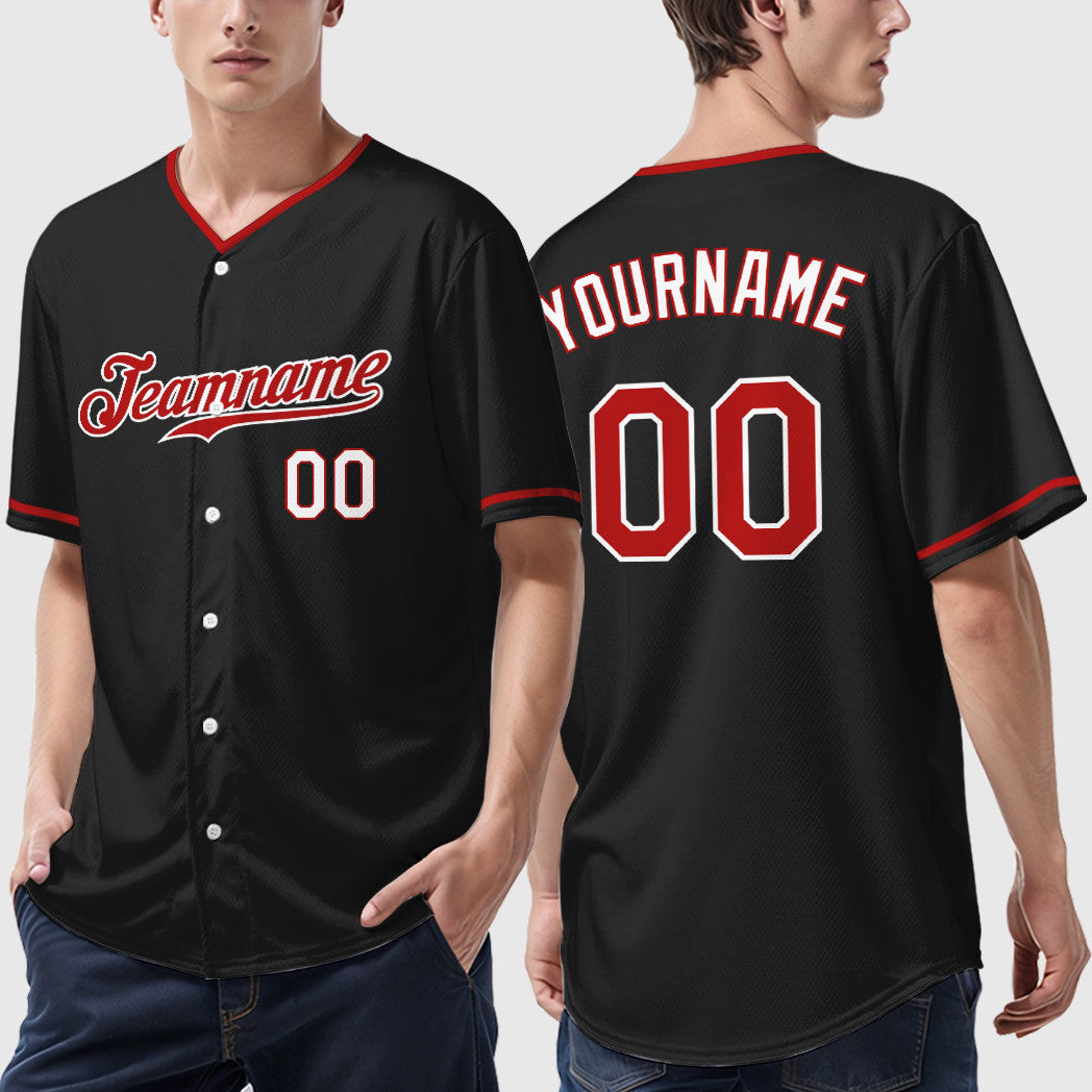 Custom Black Red-White Collar Sleeve Baseball Jersey