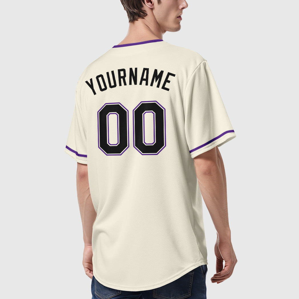 Custom Cream Black Black-Purple Collar Sleeve Baseball Jersey