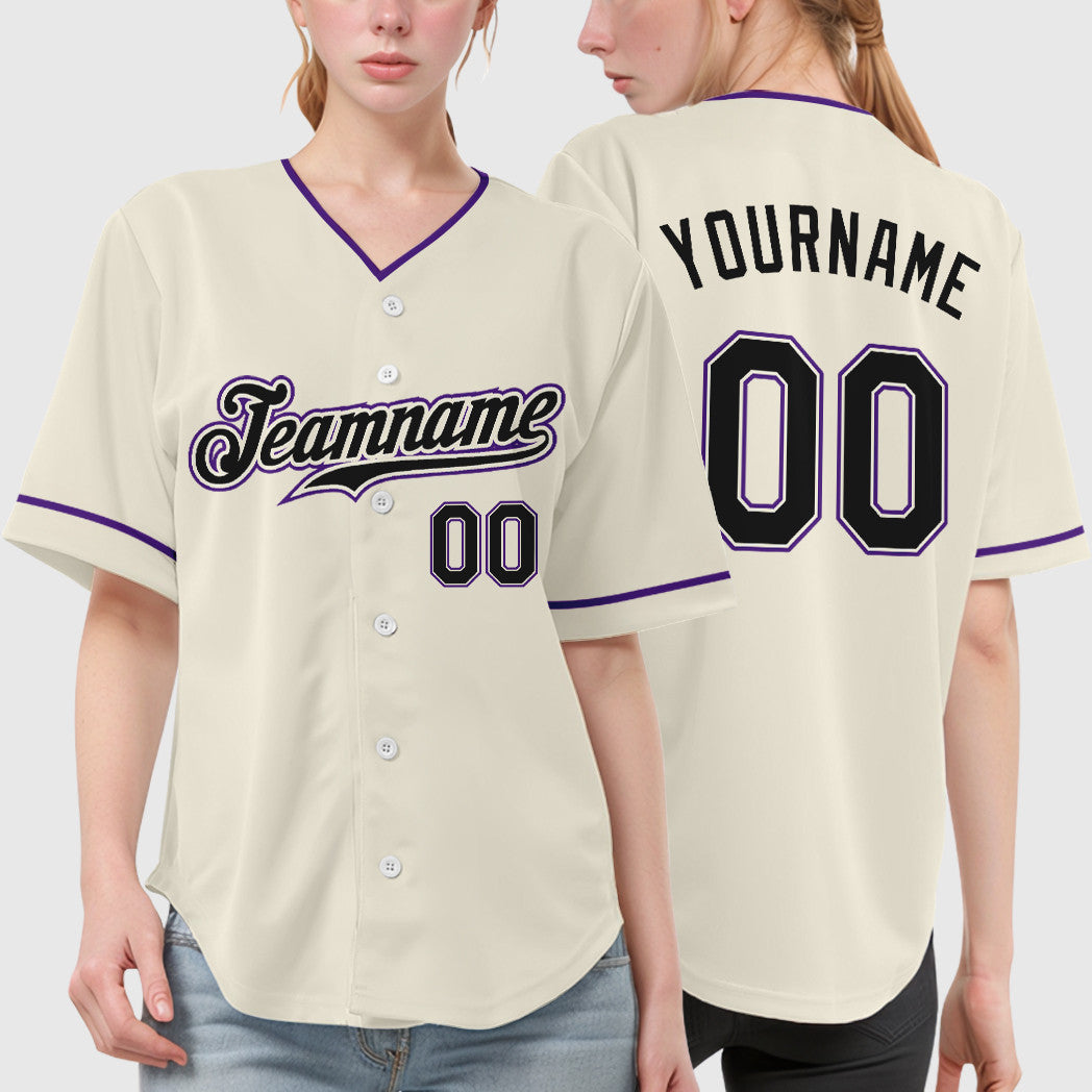 Custom Cream Black Black-Purple Collar Sleeve Baseball Jersey