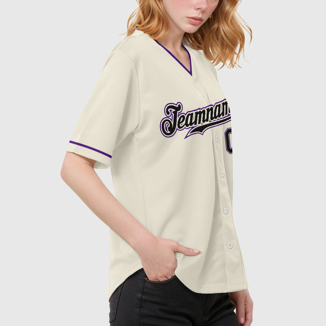 Custom Cream Black Black-Purple Collar Sleeve Baseball Jersey