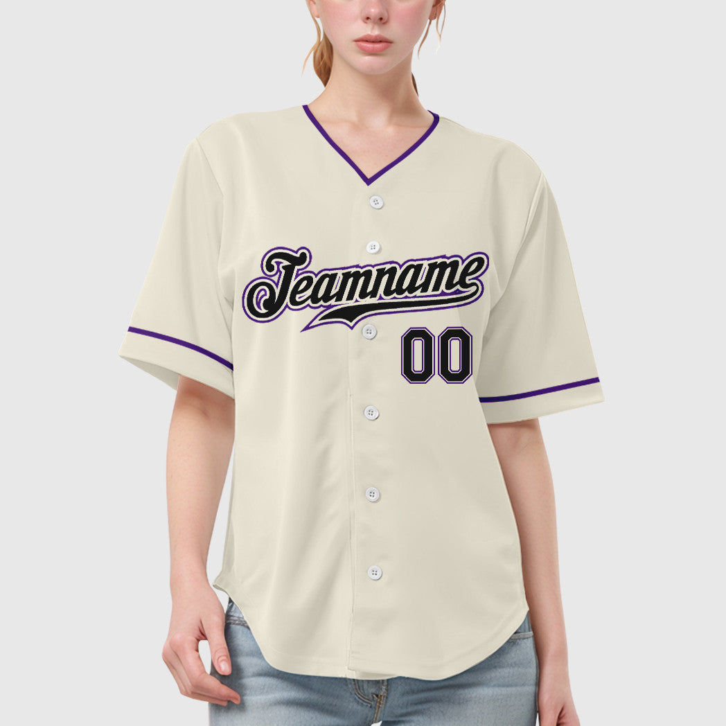 Custom Cream Black Black-Purple Collar Sleeve Baseball Jersey