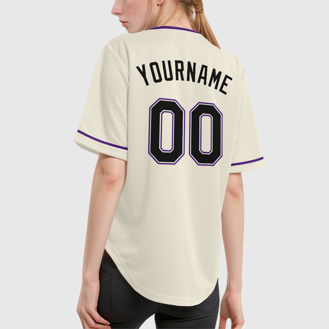 Custom Cream Black Black-Purple Collar Sleeve Baseball Jersey