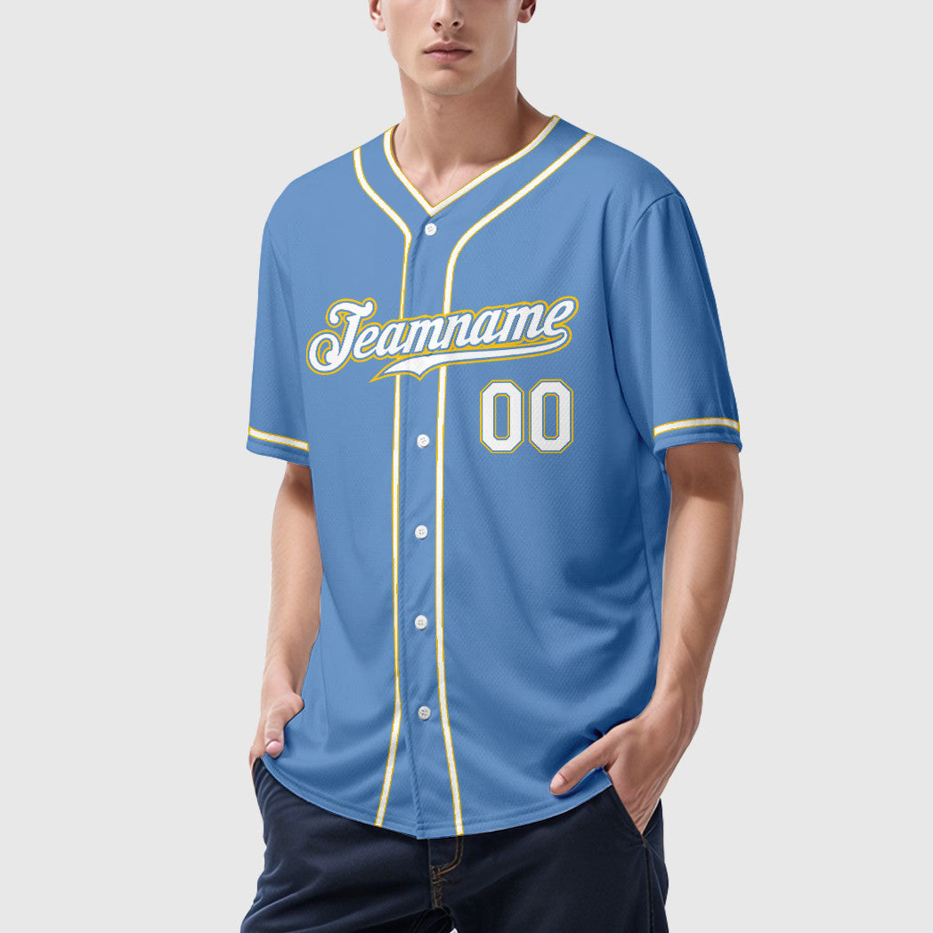 Custom Light Blue White White-Gold Piping Baseball Jersey