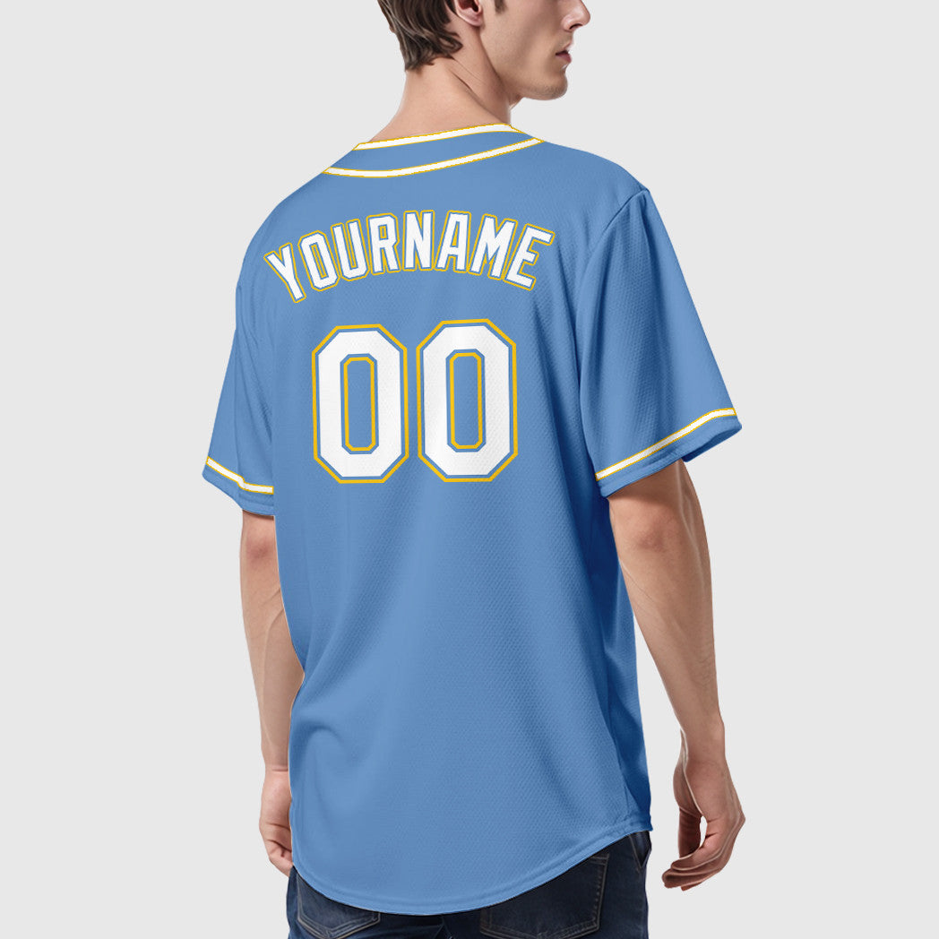 Custom Light Blue White White-Gold Piping Baseball Jersey