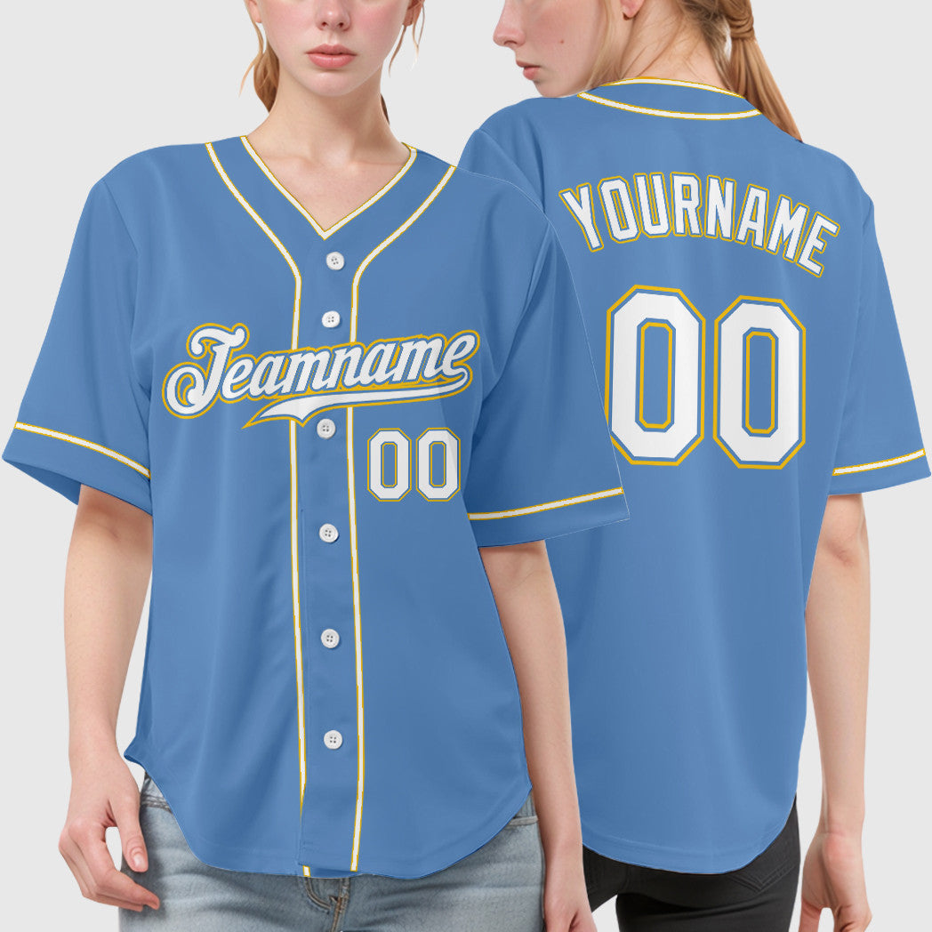 Custom Light Blue White White-Gold Piping Baseball Jersey