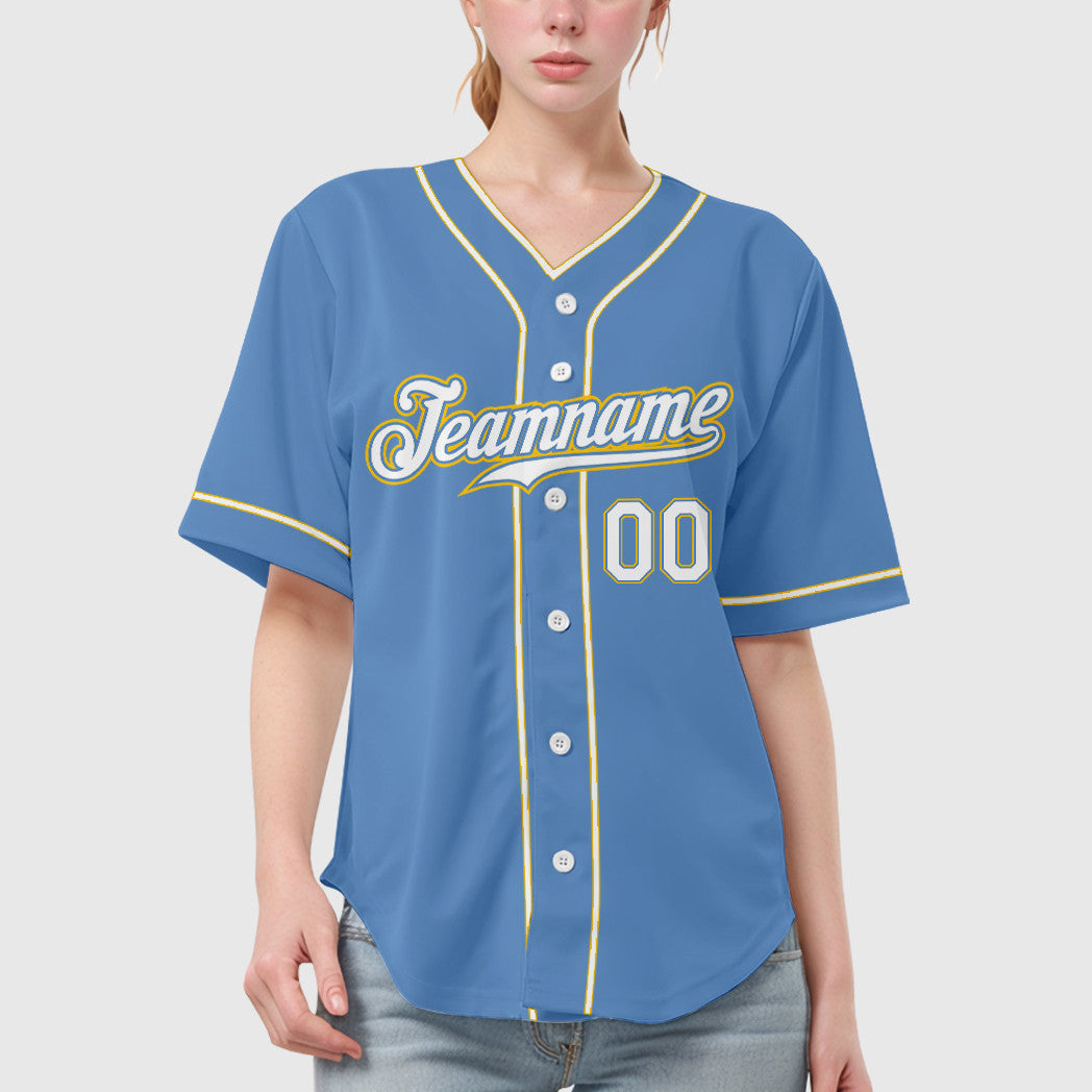 Custom Light Blue White White-Gold Piping Baseball Jersey