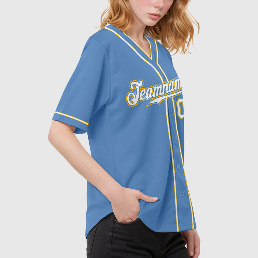 Custom Light Blue White White-Gold Piping Baseball Jersey