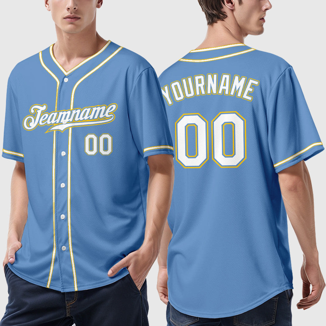 Custom Light Blue White White-Gold Piping Baseball Jersey