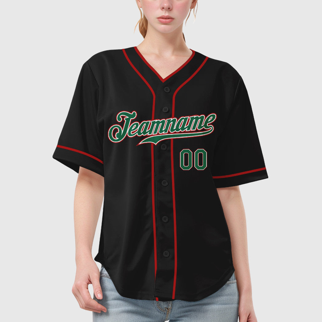 Custom Black Kelly Green Kelly Green-Red Piping Baseball Jersey