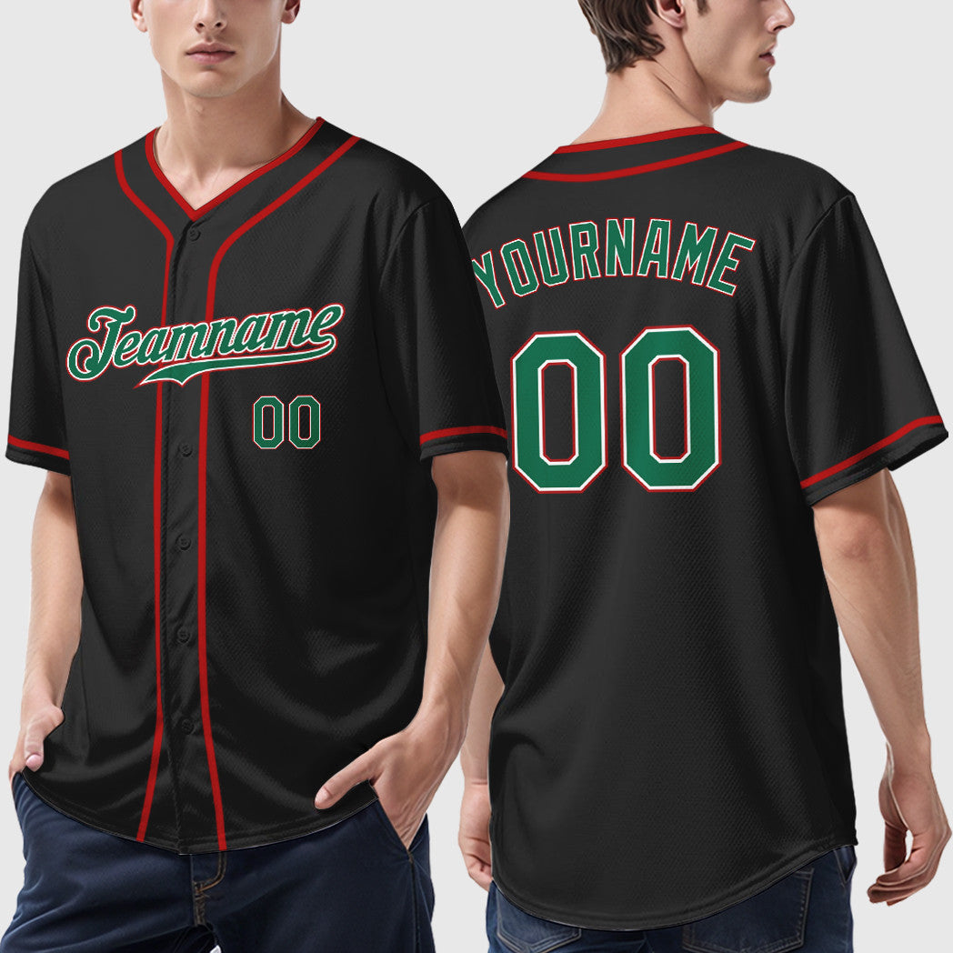 Custom Black Kelly Green Kelly Green-Red Piping Baseball Jersey