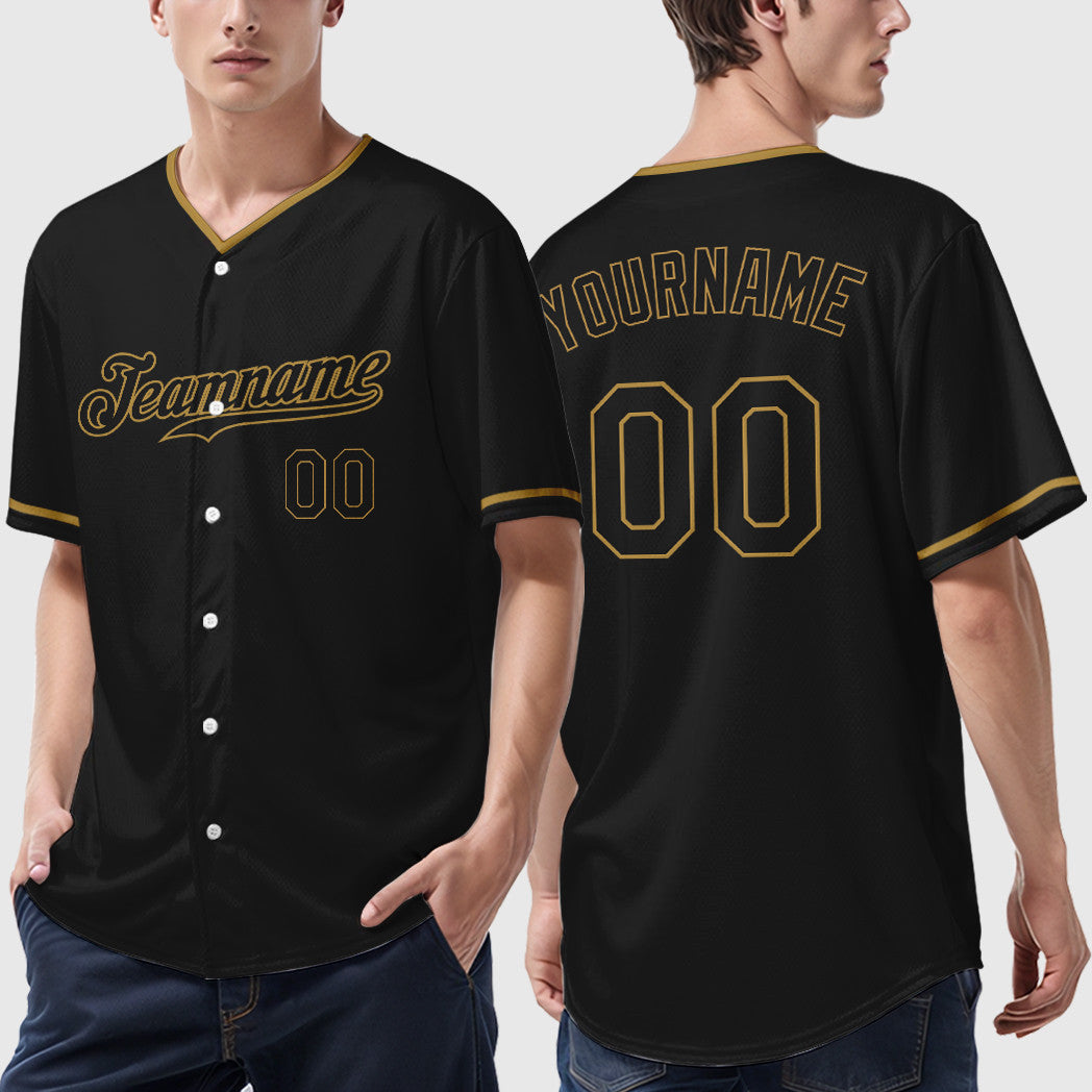 Custom Black Old Gold Black-Old Gold Collar Sleeve Baseball Jersey