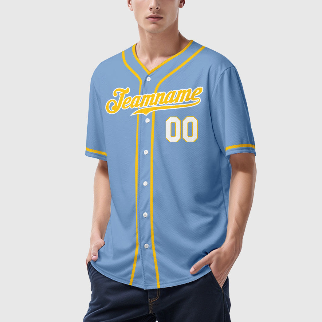 Custom Light Blue Gold Gold-White Piping Baseball Jersey