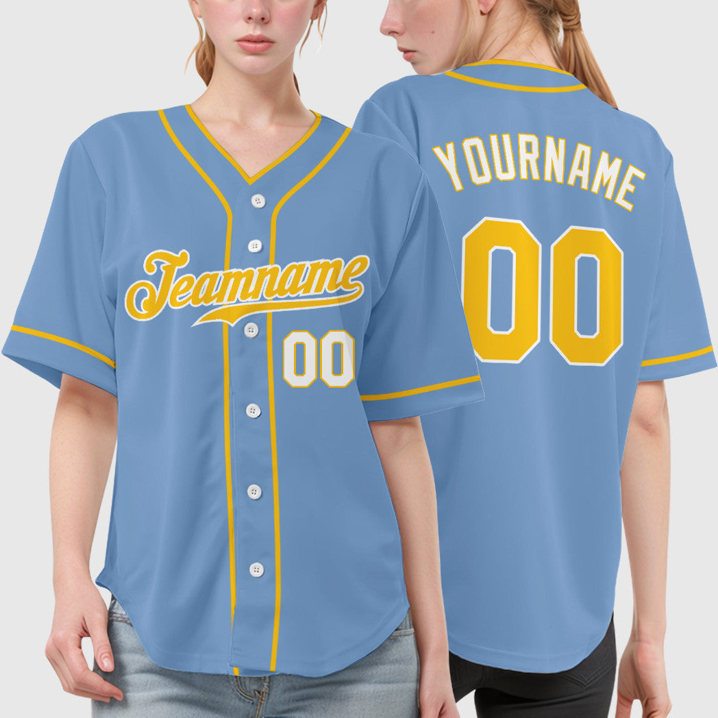 Custom Light Blue Gold Gold-White Piping Baseball Jersey