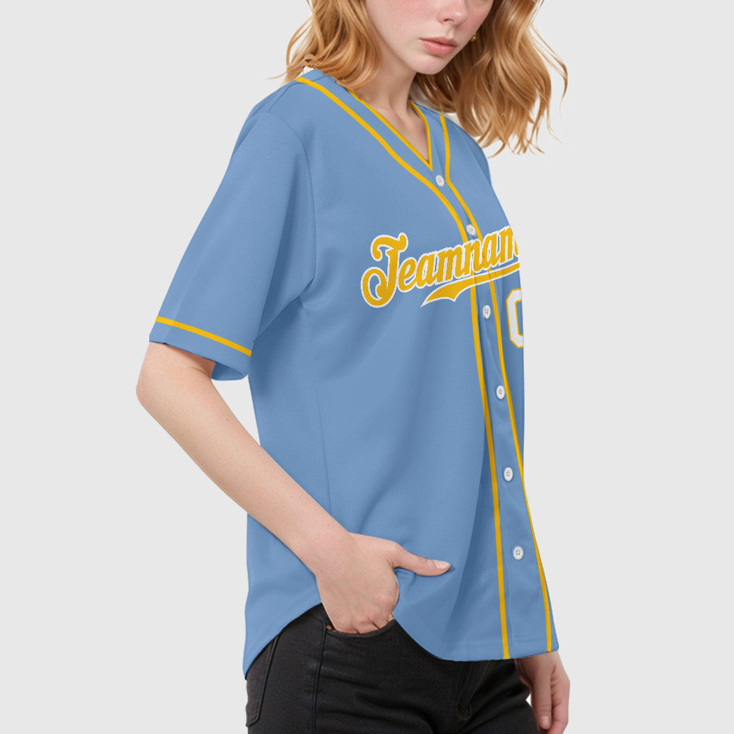 Custom Light Blue Gold Gold-White Piping Baseball Jersey