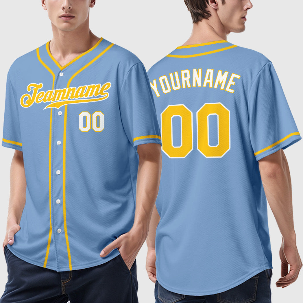 Custom Light Blue Gold Gold-White Piping Baseball Jersey