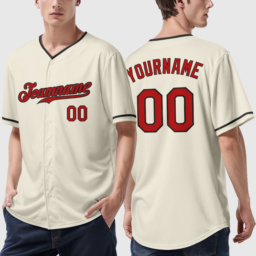Custom Cream Red Red-Black Collar Sleeve Baseball Jersey