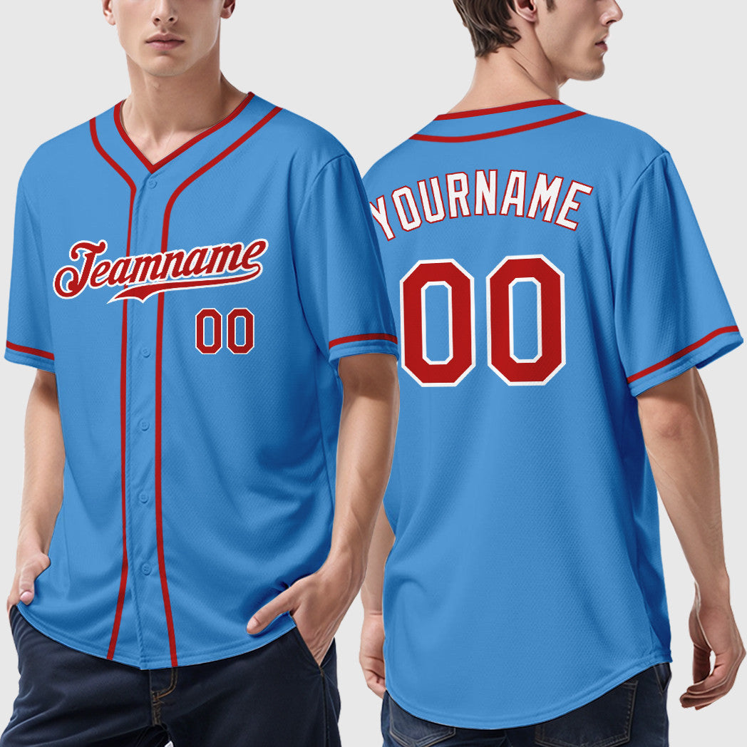 Custom Powder Blue White Red-White Piping Baseball Jersey