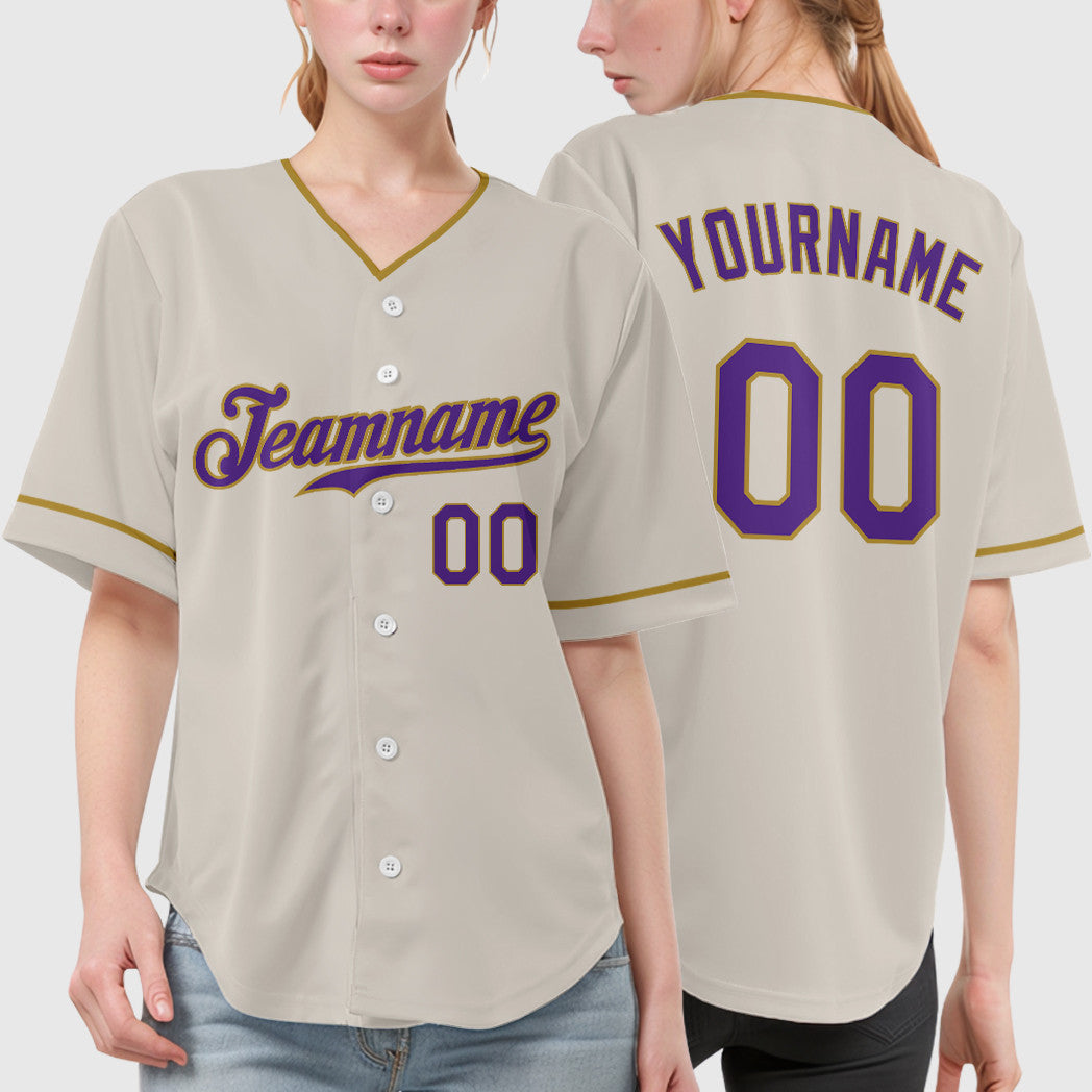 Custom Cream Purple Old Gold Collar Sleeve Baseball Jersey