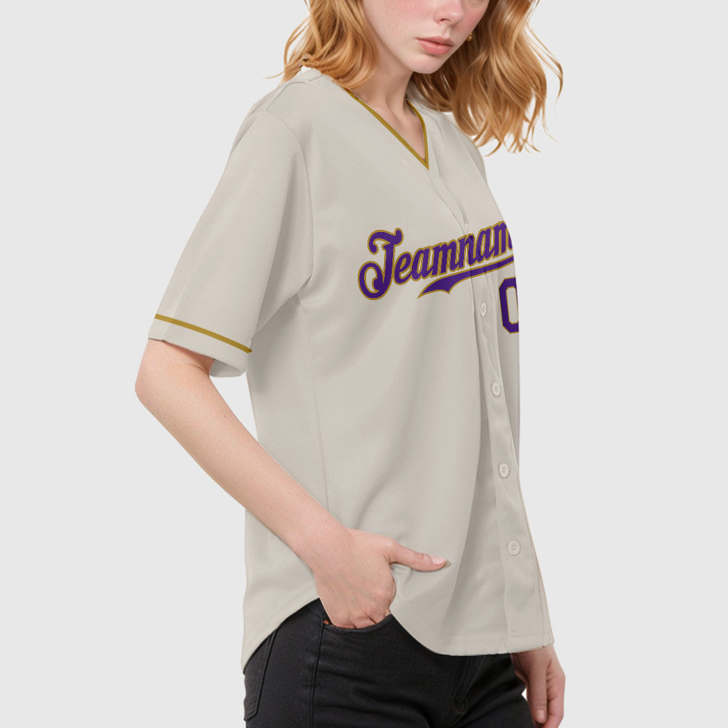 Custom Cream Purple Old Gold Collar Sleeve Baseball Jersey