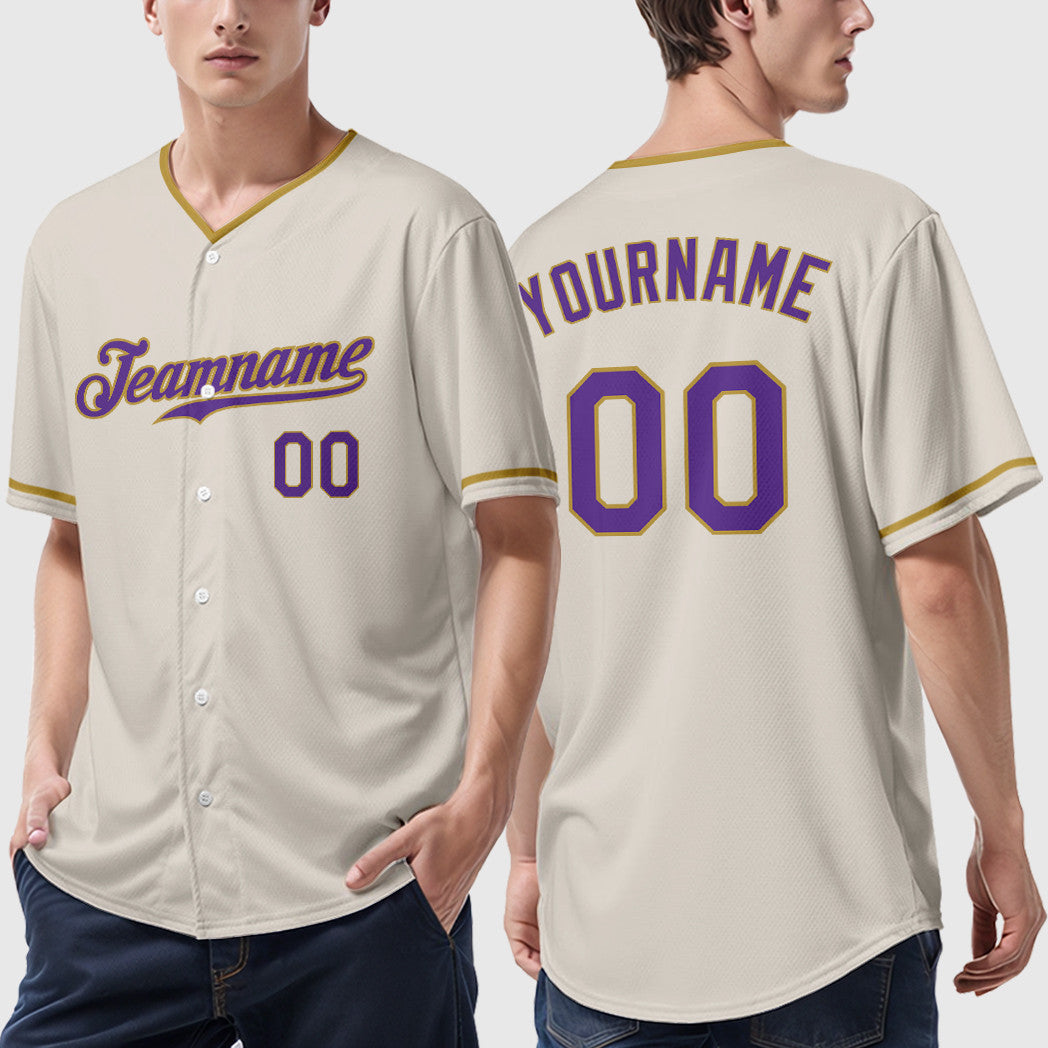 Custom Cream Purple Old Gold Collar Sleeve Baseball Jersey
