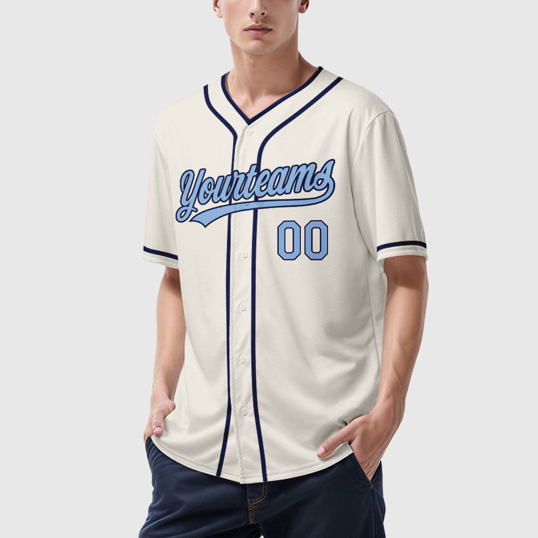 Custom Cream Light Blue Navy Piping Baseball Jersey