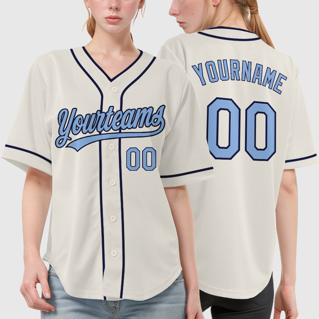 Custom Cream Light Blue Navy Piping Baseball Jersey