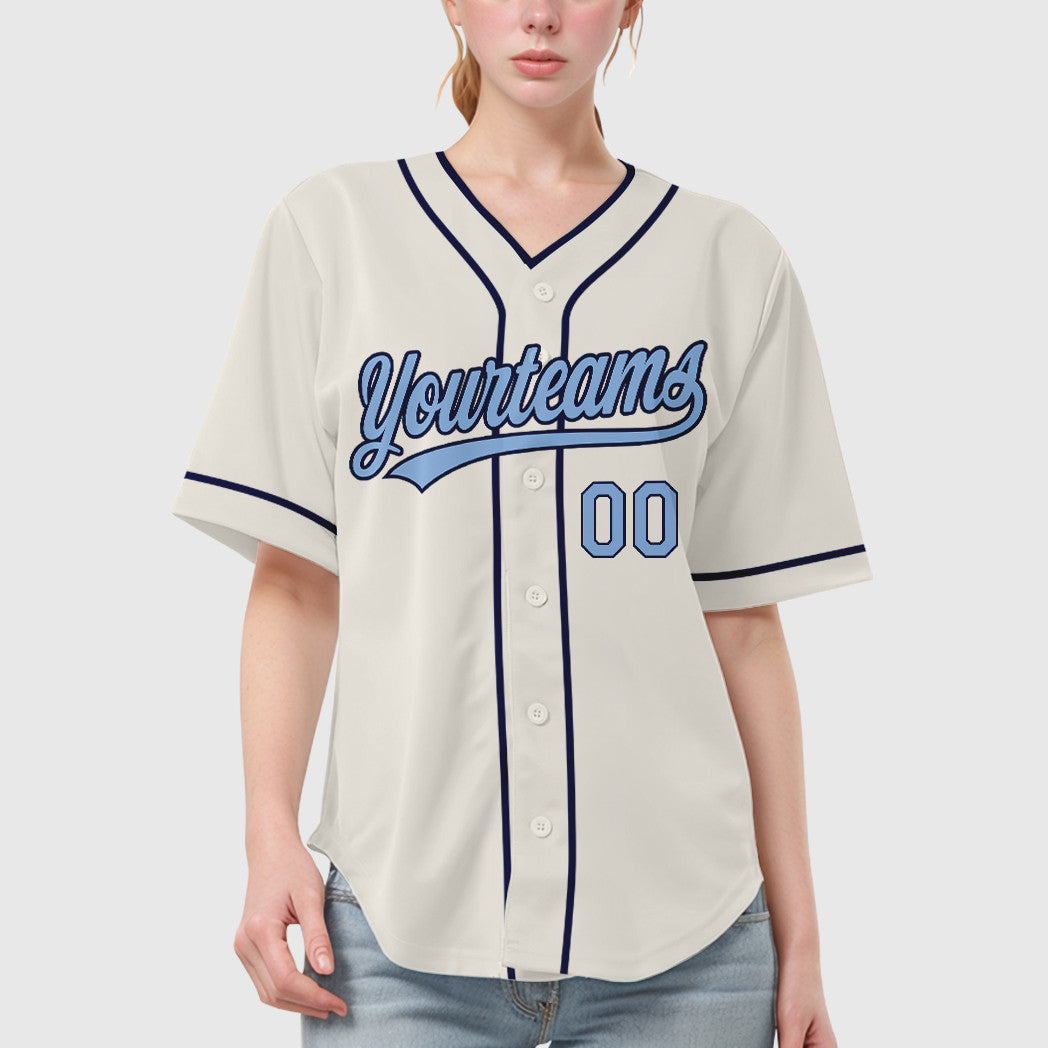Custom Cream Light Blue Navy Piping Baseball Jersey