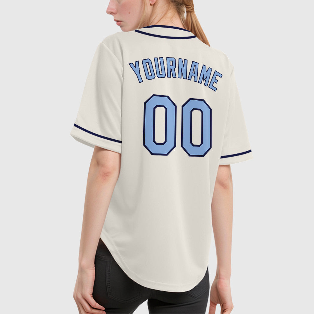 Custom Cream Light Blue Navy Piping Baseball Jersey
