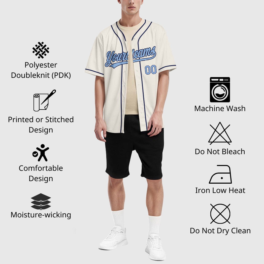Custom Cream Light Blue Navy Piping Baseball Jersey