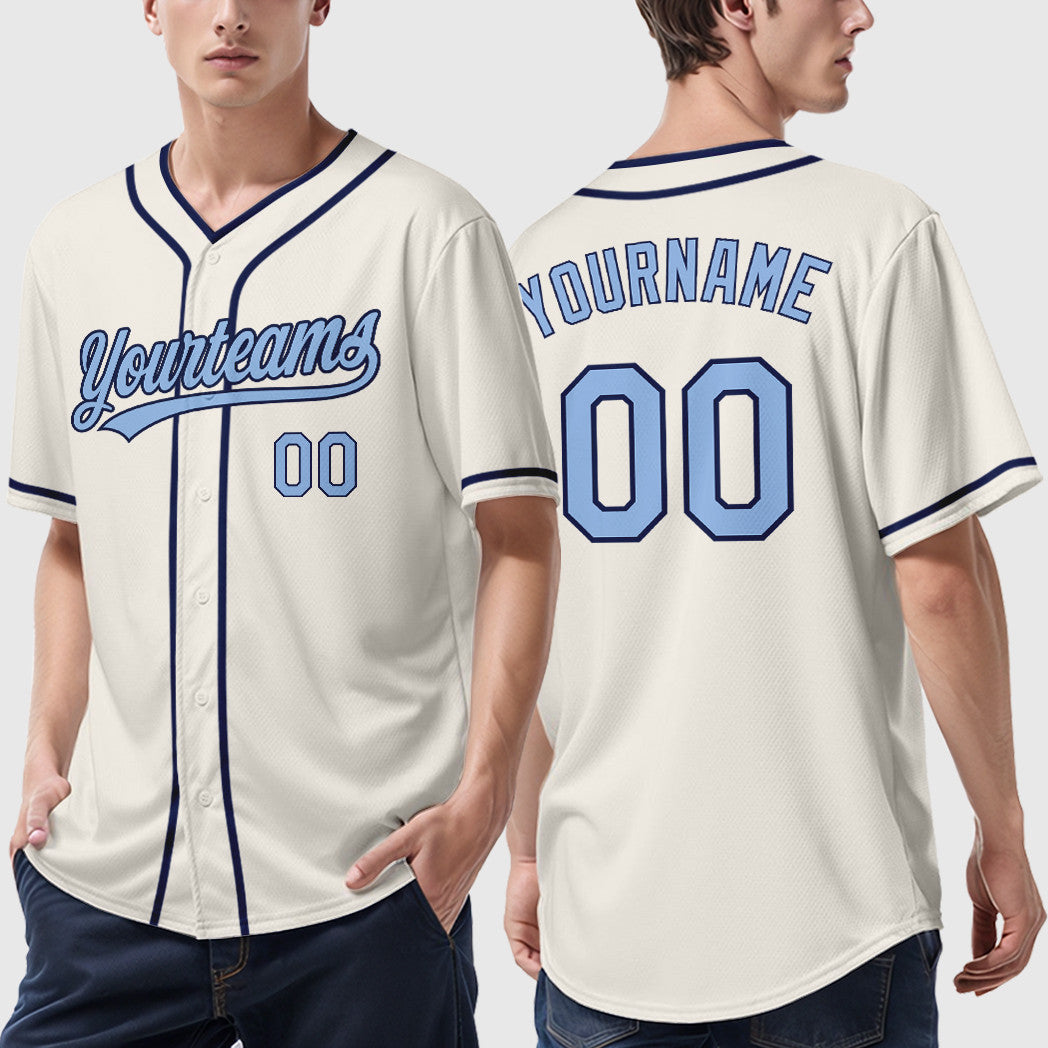 Custom Cream Light Blue Navy Piping Baseball Jersey