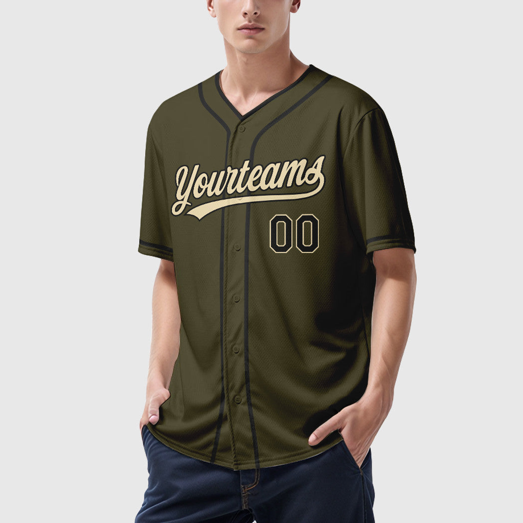 Custom Olive City Cream Black Salute To Service Piping Baseball Jersey