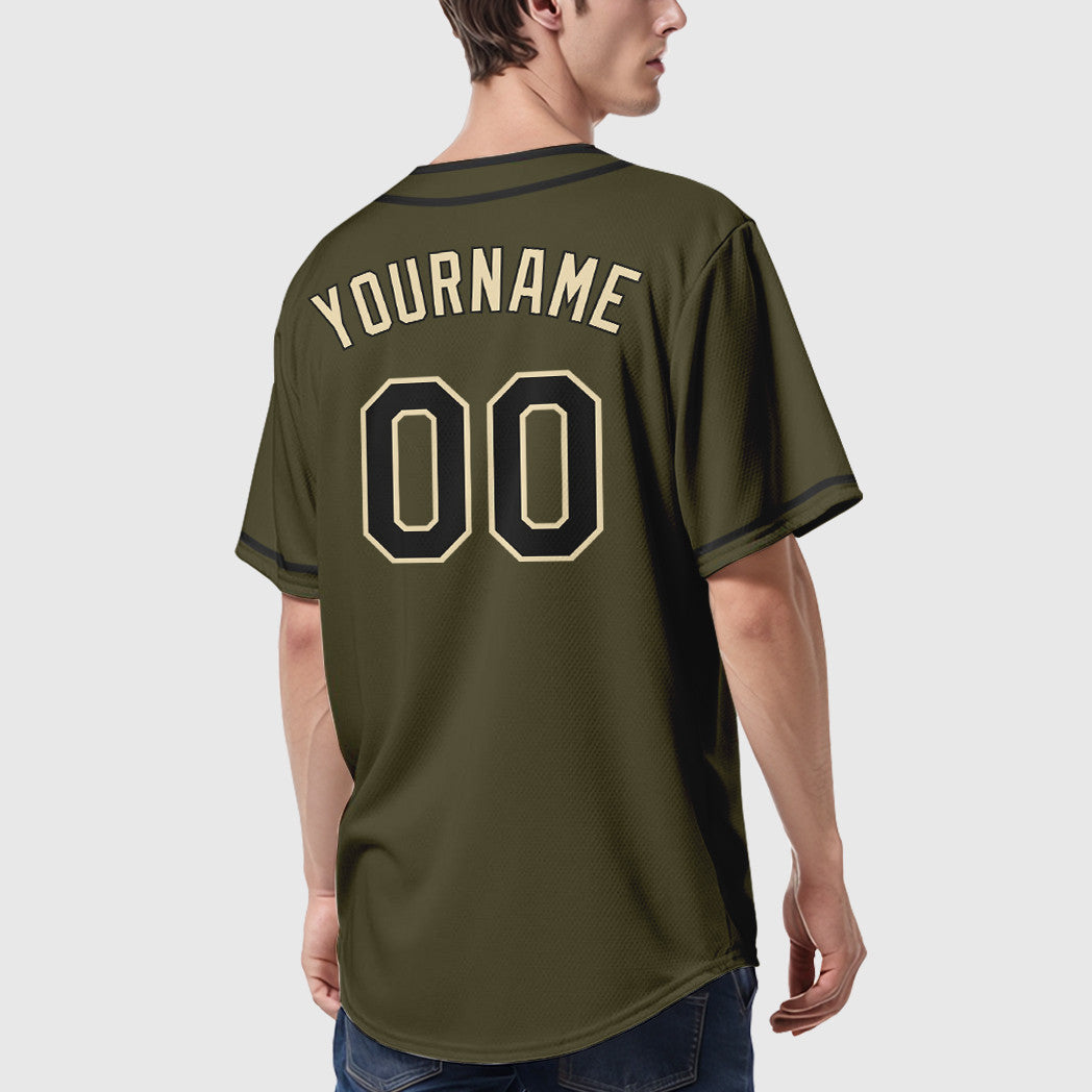 Custom Olive City Cream Black Salute To Service Piping Baseball Jersey