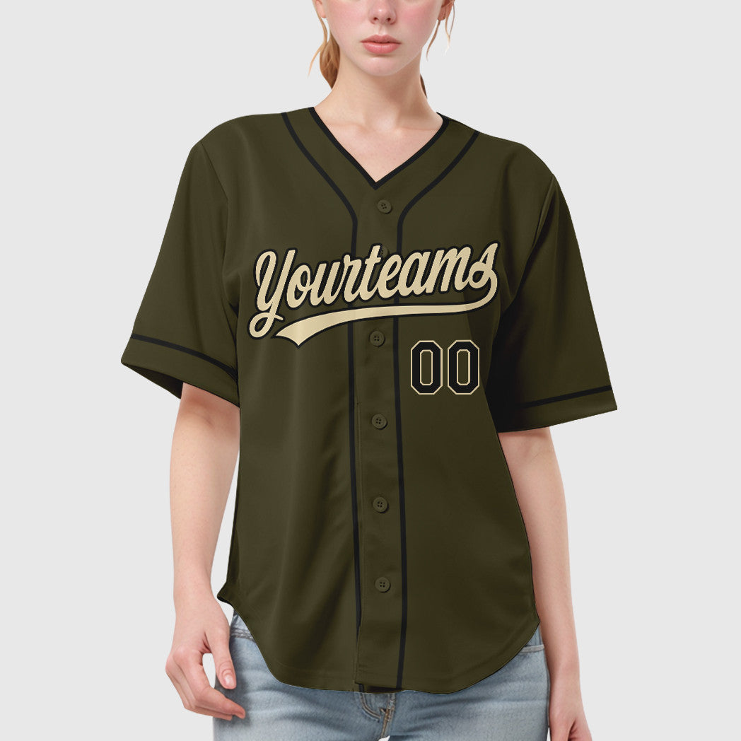 Custom Olive City Cream Black Salute To Service Piping Baseball Jersey