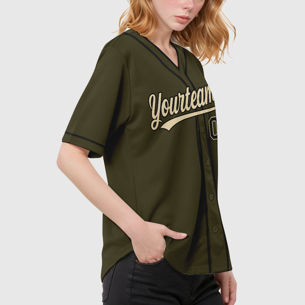 Custom Olive City Cream Black Salute To Service Piping Baseball Jersey