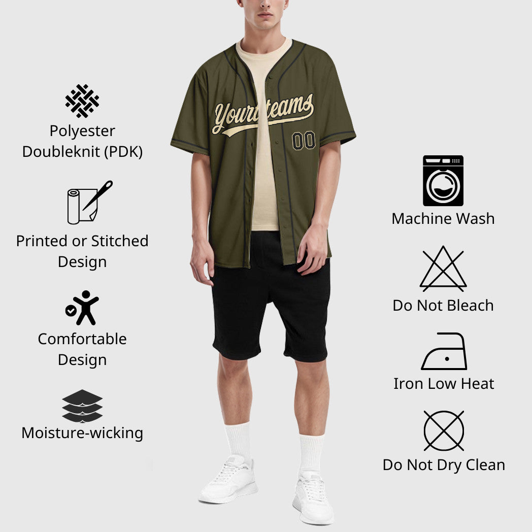 Custom Olive City Cream Black Salute To Service Piping Baseball Jersey