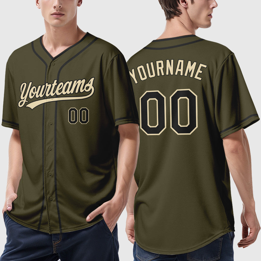 Custom Olive City Cream Black Salute To Service Piping Baseball Jersey