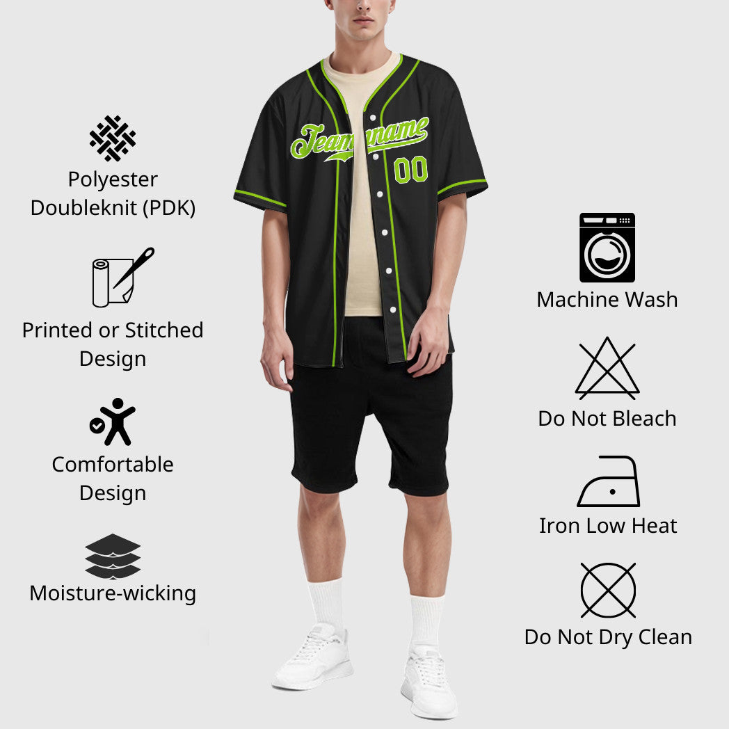 Custom Black White Neon Green Piping Baseball Jersey