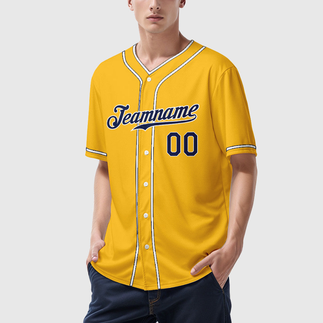 Custom Gold Navy Navy-White Piping Baseball Jersey