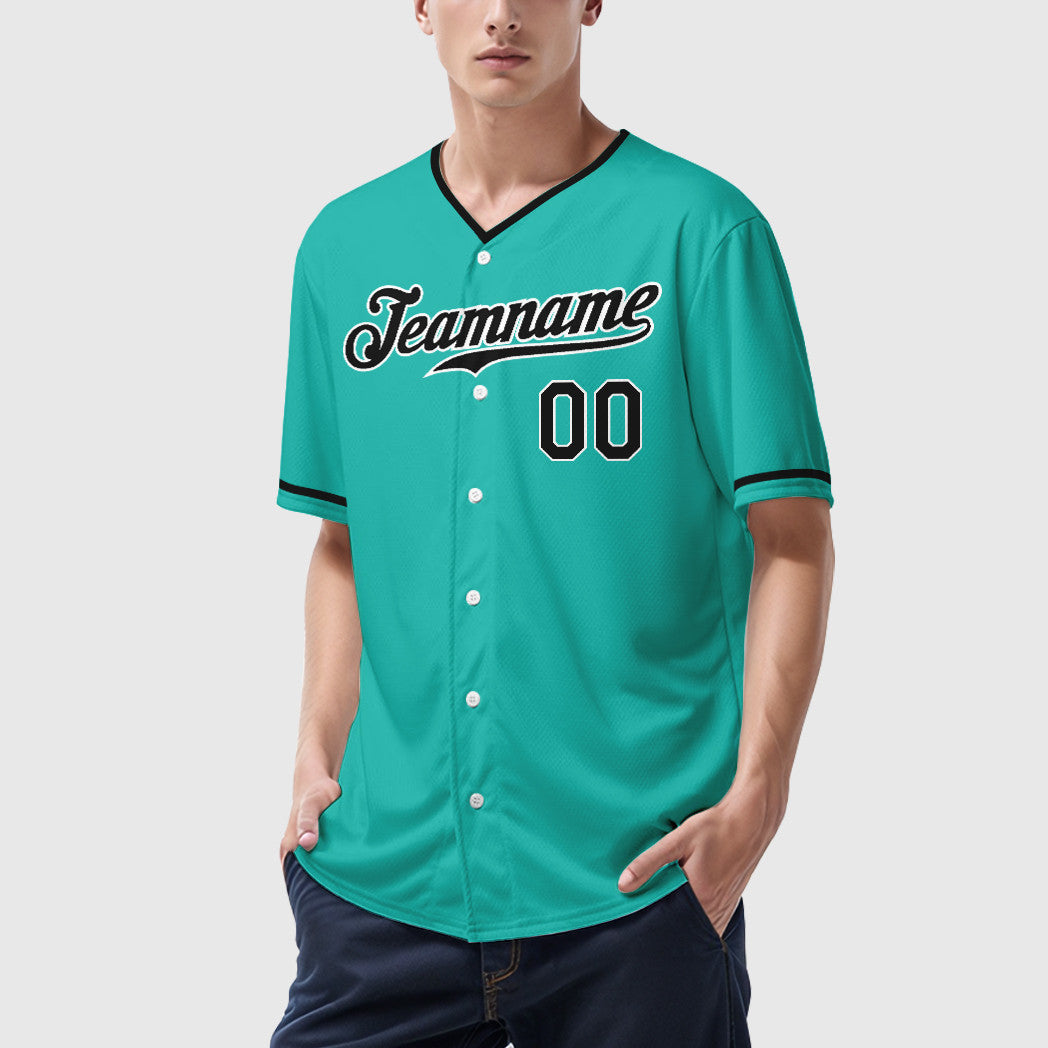 Custom Aqua White Black Collar Sleeve Baseball Jersey