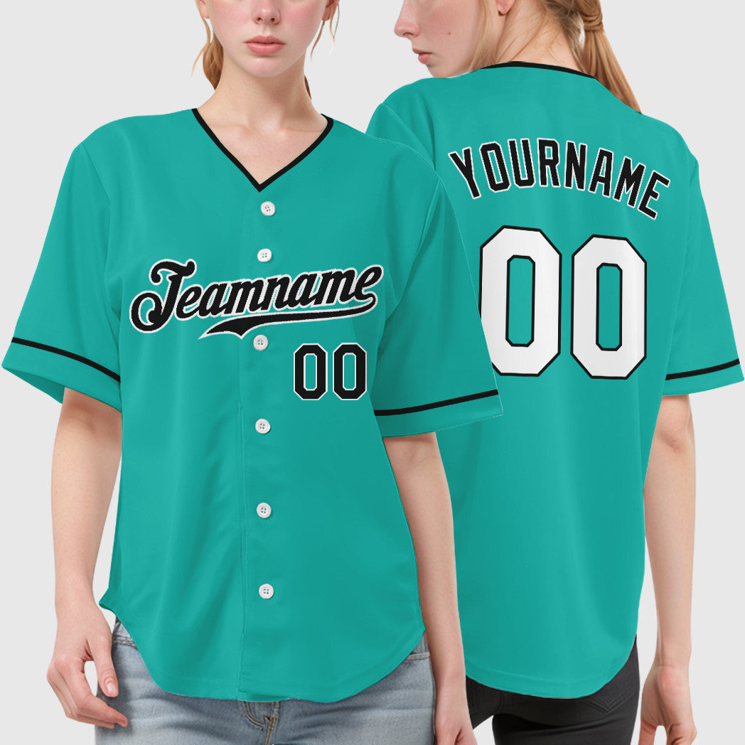 Custom Aqua White Black Collar Sleeve Baseball Jersey