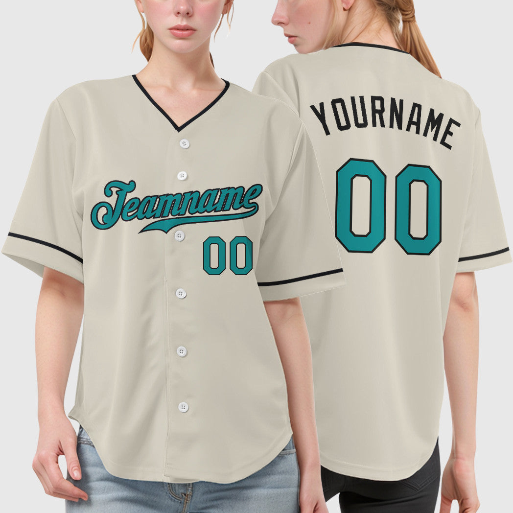 Custom Cream Teal Black Collar Sleeve Baseball Jersey