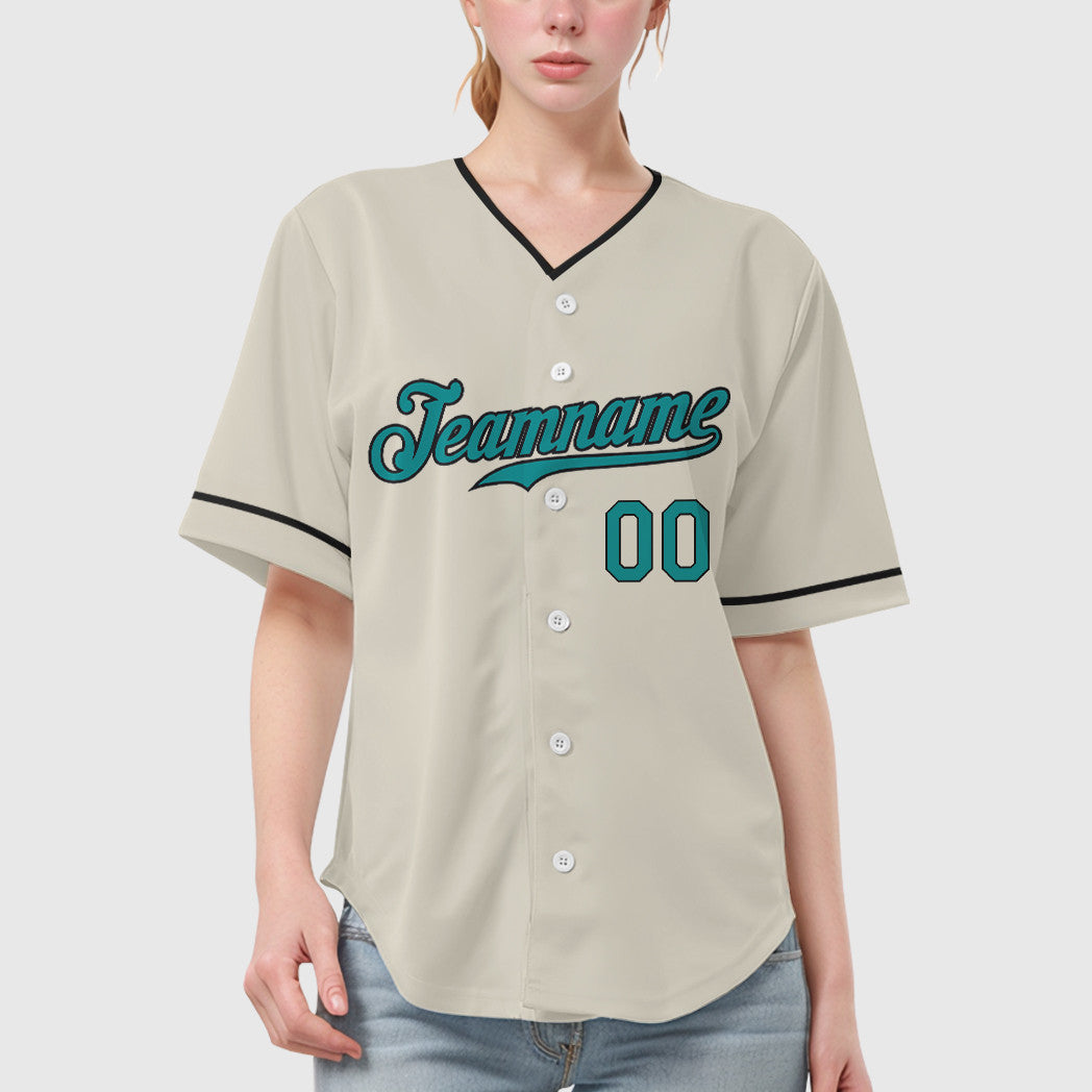 Custom Cream Teal Black Collar Sleeve Baseball Jersey