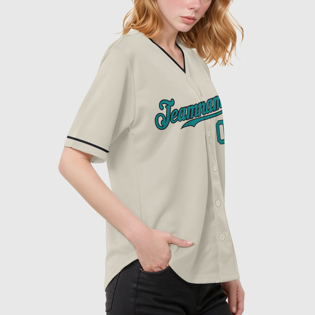 Custom Cream Teal Black Collar Sleeve Baseball Jersey